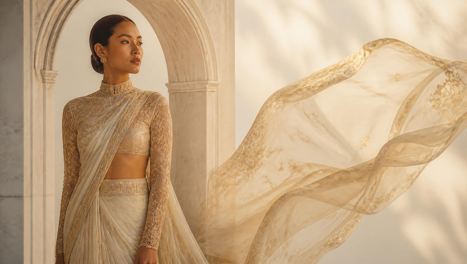 Model wearing an ivory and gold couture outfit from Omisha Nepal